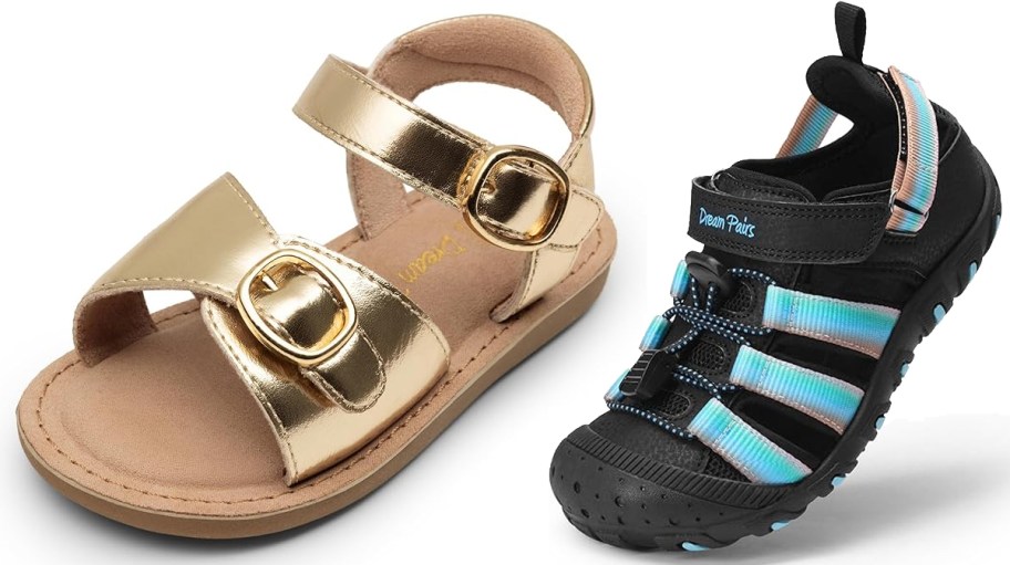 gold and black pairs of kids sandals