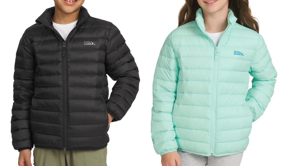 boy and girl in black and mini green puffer jackets