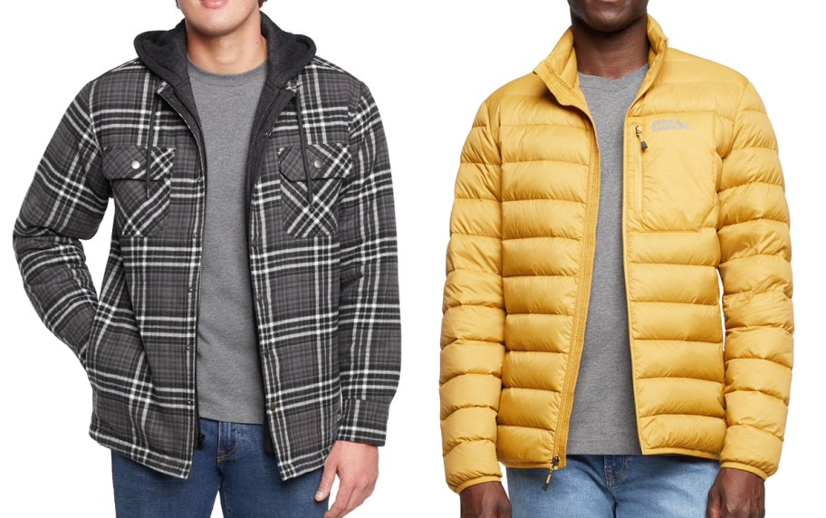 men in black plaid and yellow puffer jackets