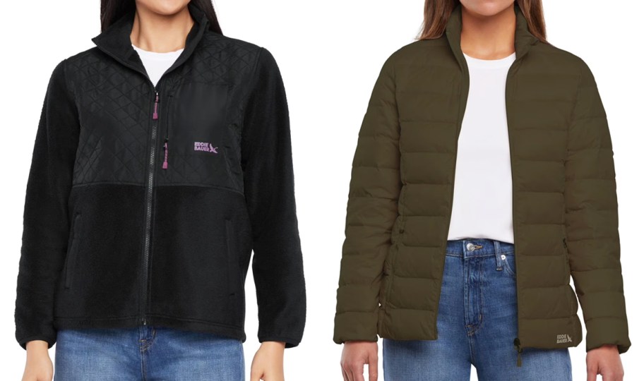 two women in black and olive green jackets