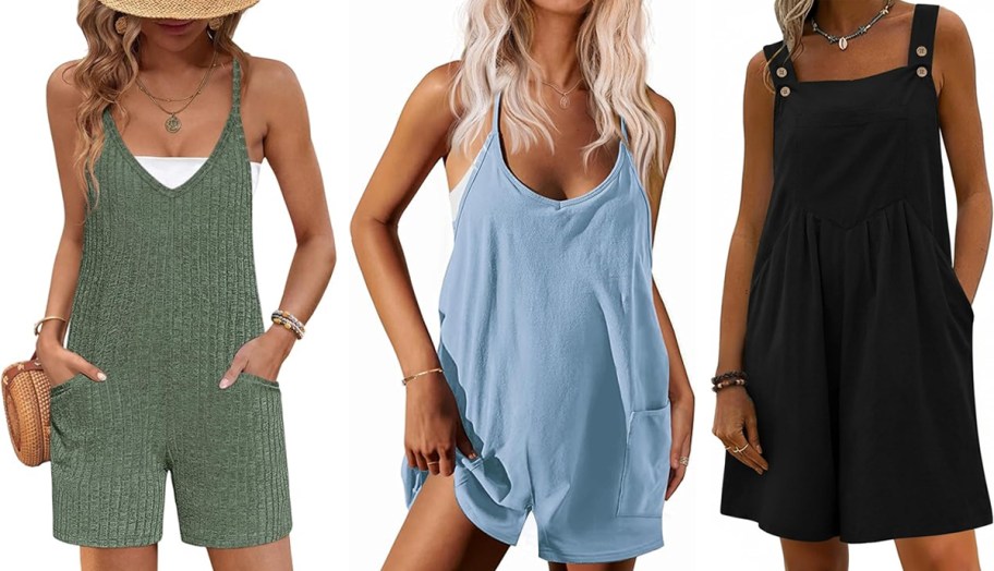 three women in green, blue, and black rompers