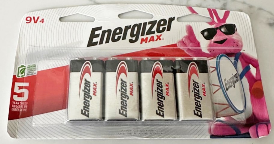 pack of Energizer MAX 9V Batteries on a counter