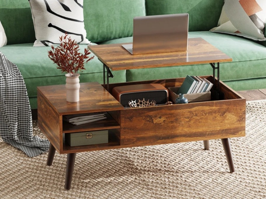 brown wooden lift top coffee table