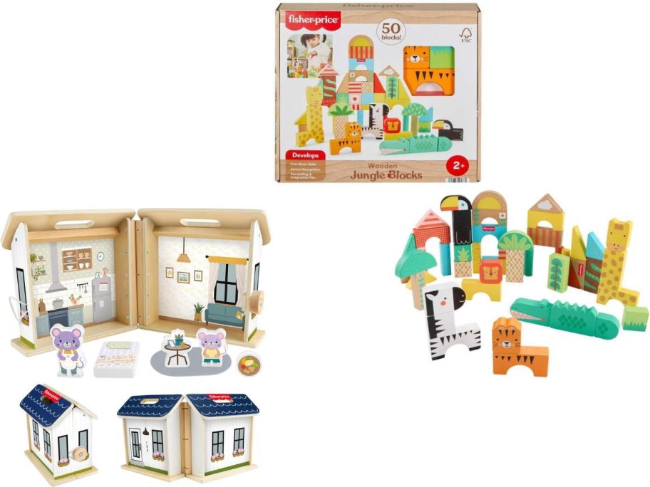 Stock images of two Fisher Price Wooden Toy Playsets