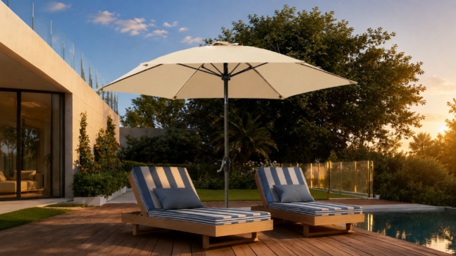 a 7.5 ft patio umbrella over 2 lounge chairs next to a pool