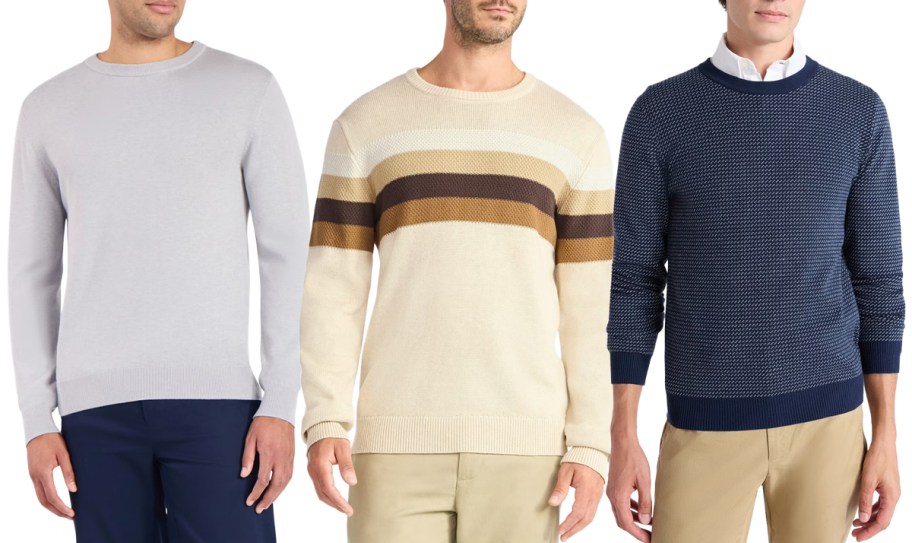 George Men's Cotton Blend Crewneck Sweater, George Men's Chest Stripe Sweater, Free Assembly Men's Cozy Yarn Nordic Stitch Sweater