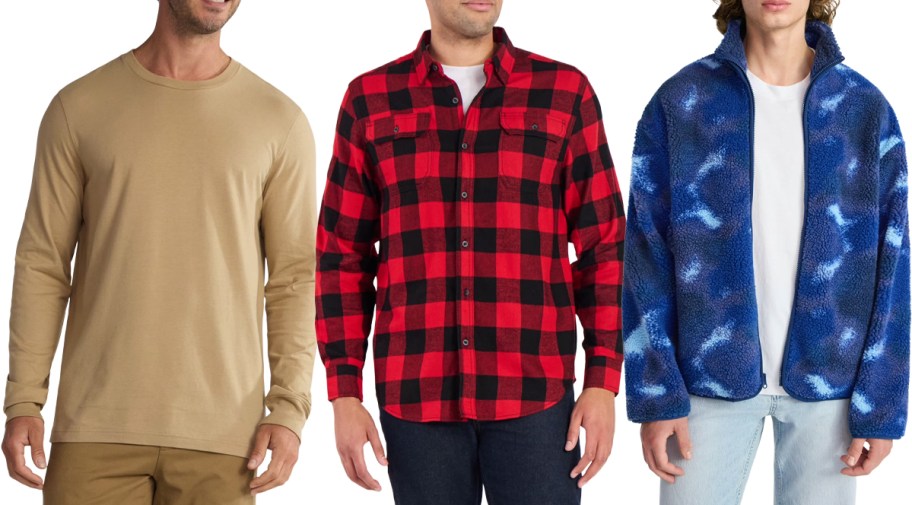 George Men's Crewneck T-Shirt w: Long Sleeves, Double Pocket Flannel Shirt, No Boundaries Men's High Pile Faux Shearling Jacket