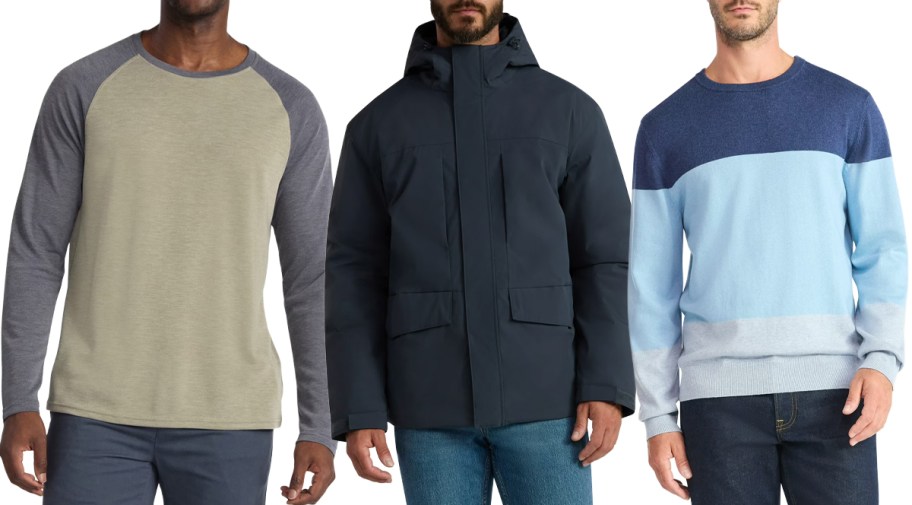 George Men's Raglan Long Sleeve Tee, Midweight Commuter Jacket, Colorblock Crewneck Sweater