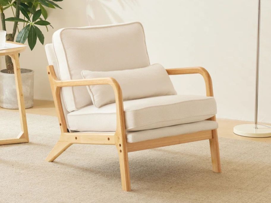 George Oliver Mid Century Solid Wood Accent Chair in living room