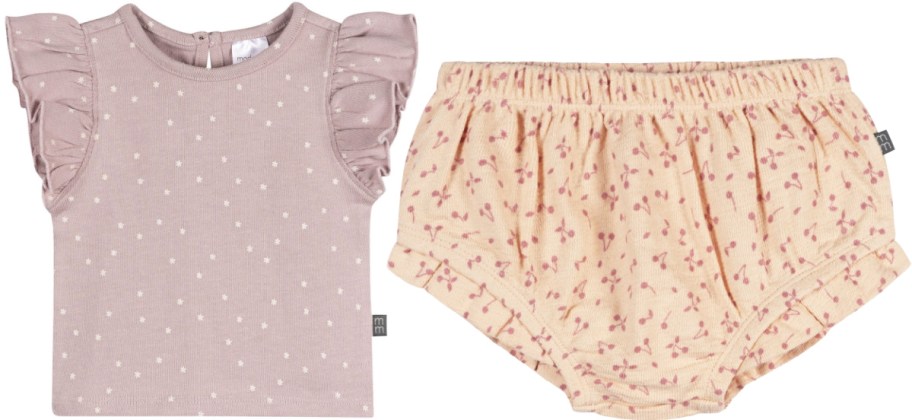 A mauve Gerber Modern Moments toddler outfit featuring a ruffle-sleeve top with a tiny star pattern on the left and matching cream and cherry-print bloomers on the right.