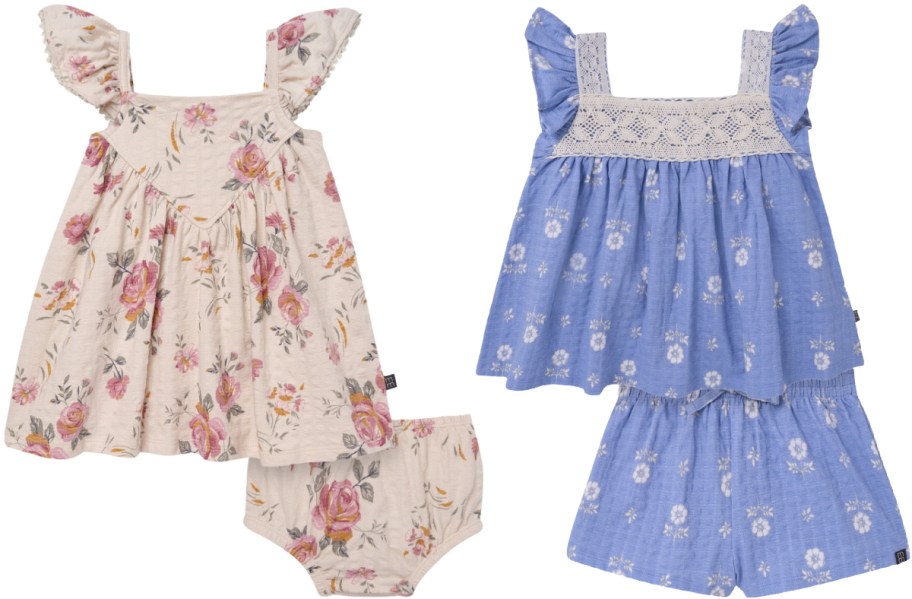 Two Gerber Modern Moments toddler outfits featuring a cream and pink floral dress with matching bloomers on the left, and a blue floral top with lace trim and matching shorts on the right.
