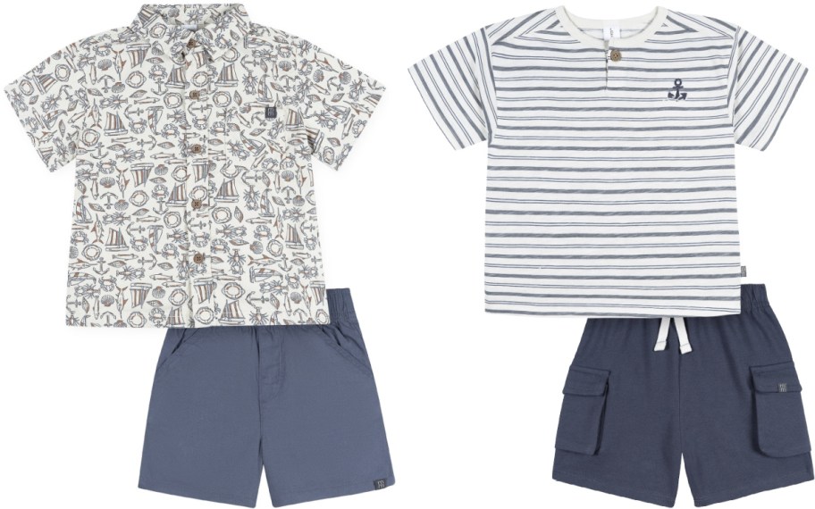 Two Gerber Modern Moments toddler boy outfits featuring a nautical-print short-sleeve button-down shirt with blue shorts on the left, and a blue-and-white striped henley tee with dark blue cargo shorts on the right.
