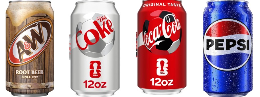 A&W, Diet Coke, Coca-Cola, and Pepsi cans