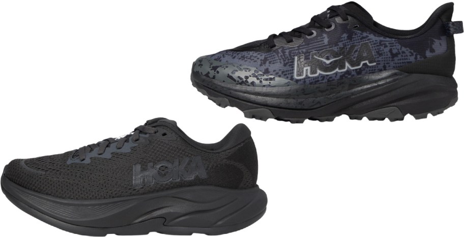 Two black HOKA running shoes against a white background, one with a dark grey patterned upper and the other in solid black.