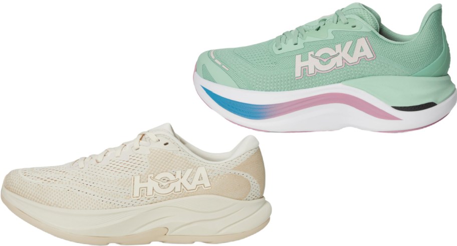 Two HOKA running shoes against a white background, one mint green with a thick white sole featuring blue and pink accents, and the other solid cream.