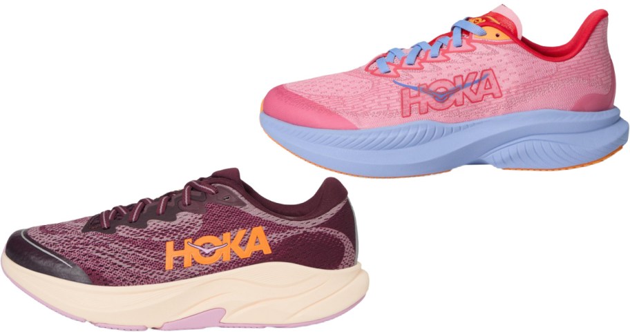 Two HOKA running shoes against a white background, one bright pink with a light blue thick sole and the other maroon with an orange logo and a cream-colored sole.