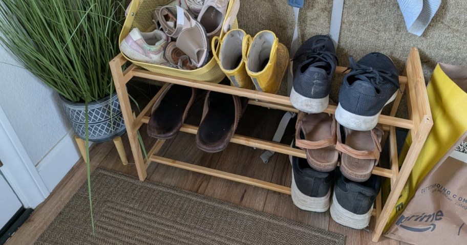 shoes on bamboo shoe rack in entryway of house