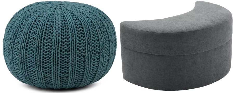 blue knit pouf and grey moon shaped ottoman