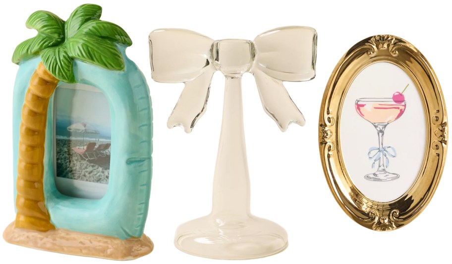 Inflated Palm Tree Floatie Ceramic INSTAX MINI Picture Frame, For Love & Lemons UO Exclusive Bow Shaped Taper Candle Holder, Preppy Icon Framed Ceramic Wall Hanging