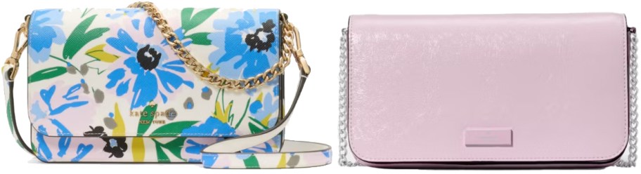blue floral print and pink pastel crossbody bags