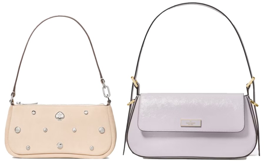 beige and purple shoulder bags