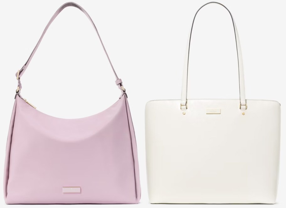 purple shoulder bag and white tote bag