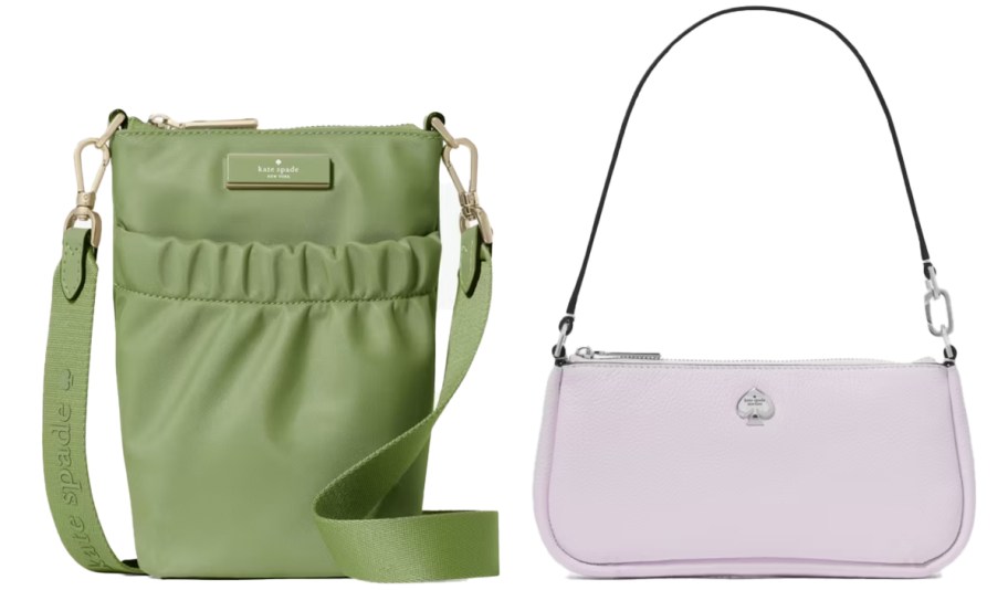 green crossbody and light purple mini bag