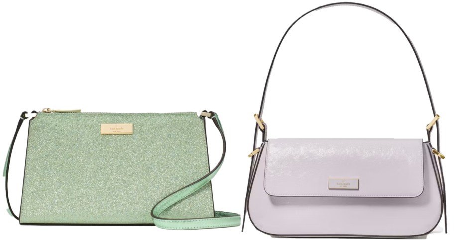 green glitter crossbody and light purple shoulder bag