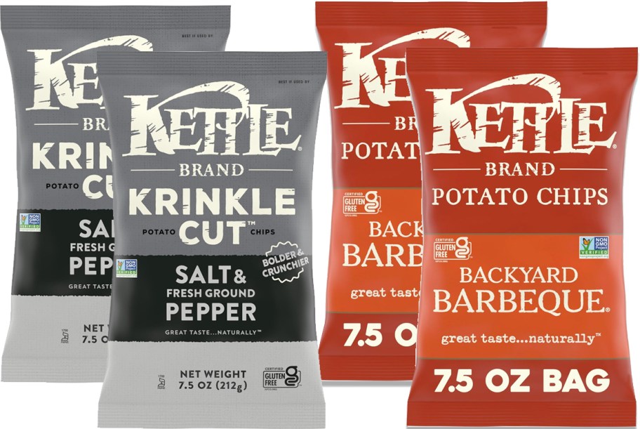 4 bags of kettle chips in salt & pepper and bbq flavors