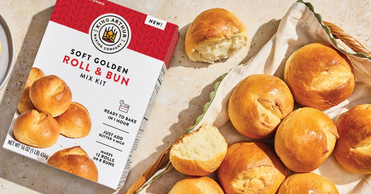 Box of King Arthur Roll & Bun Mix next to freshly baked rolls