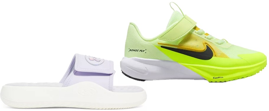 under armour slide and yellow nike sneaker