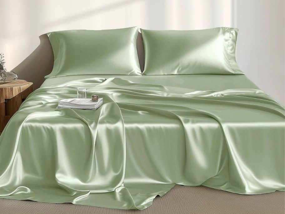 Madison Park Essentials Satin Luxury Solid Sheet Set and Sage Green Pillowcase
