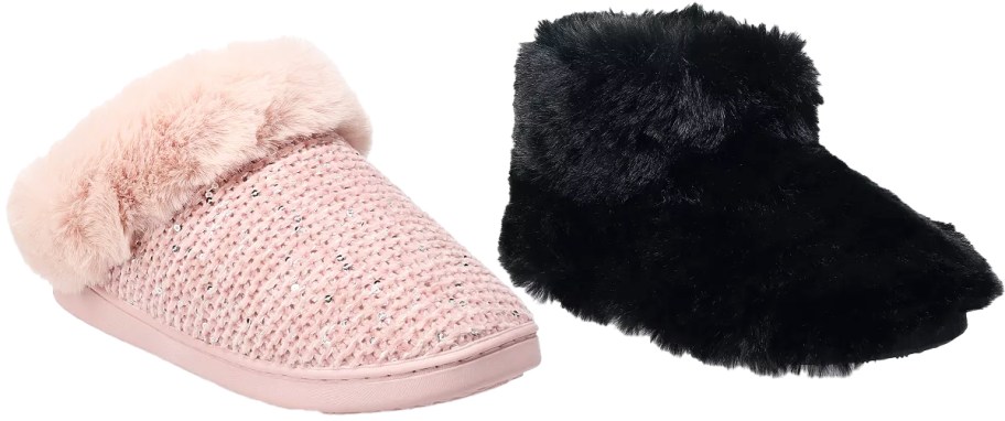 pink slipper and black faux fur bootie