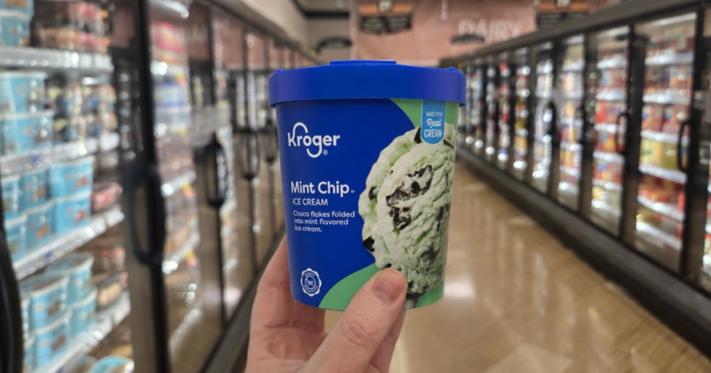 hand holding kroger mint chip ice cream in store