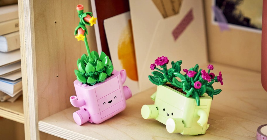 pink and green LEGO Botanicals Rocking Plants on a bookcase