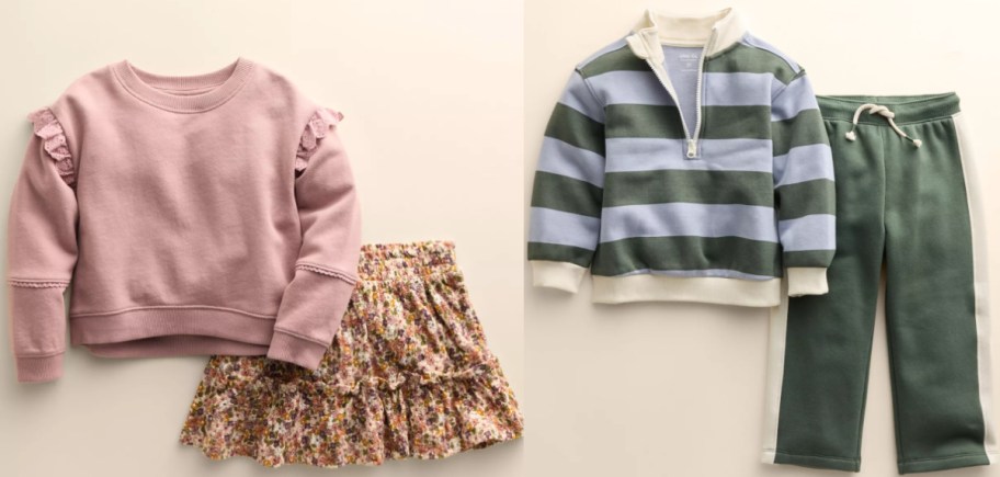 Little Co. by Lauren Conrad toddler clothing outfits including a mauve sweatshirt with a floral tiered skirt on the left, and a blue and green striped quarter-zip sweatshirt with matching green joggers on the right.
