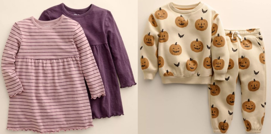 Little Co. by Lauren Conrad toddler clothing featuring two long-sleeve dresses in striped pink and solid purple on the left, and a cream sweatshirt and matching joggers covered in a jack-o'-lantern and bat pattern on the right.