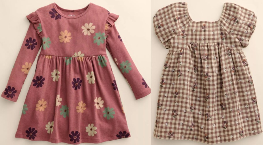 Two Little Co. by Lauren Conrad toddler dresses featuring a long-sleeve mauve dress with a colorful floral print and a short-sleeve brown gingham dress with small floral accents.
