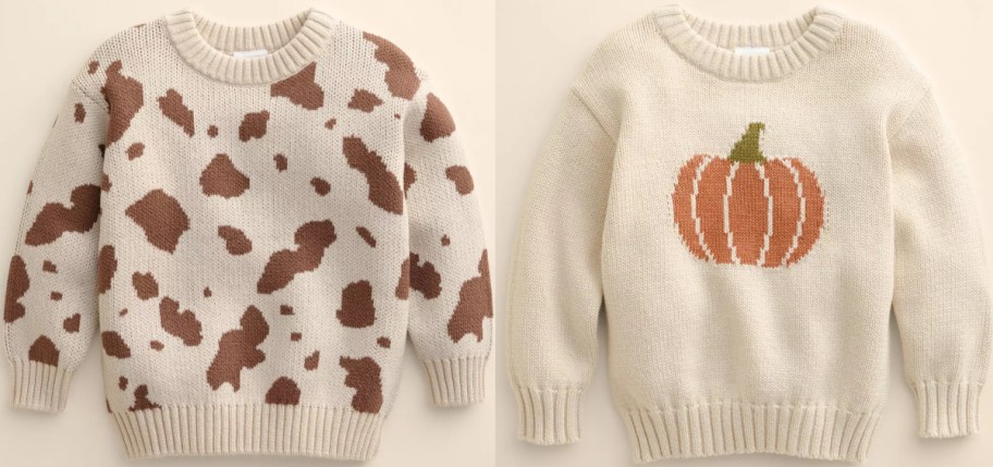 Two Little Co. by Lauren Conrad toddler sweaters featuring a cream and brown cow print sweater on the left and a cream knit sweater with an orange pumpkin graphic on the right.