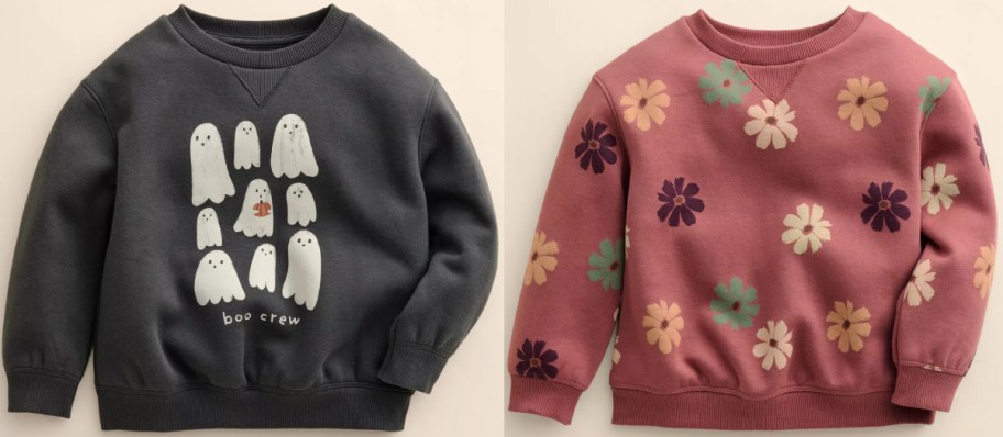 Two Little Co. by Lauren Conrad toddler sweatshirts featuring a dark grey crewneck with a group of cute white ghosts and "boo crew" text, and a mauve crewneck covered in a colorful floral pattern.