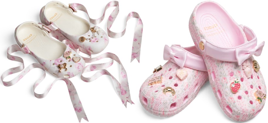 pairs of crocs ballet flats and pink clogs