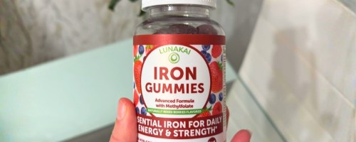 bottel of lunakai iron gummies in bathroom