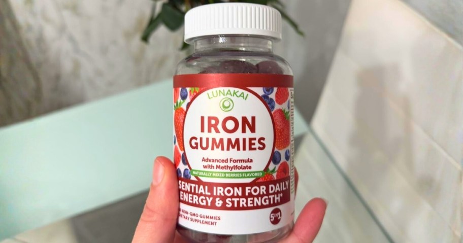 bottel of lunakai iron gummies in bathroom