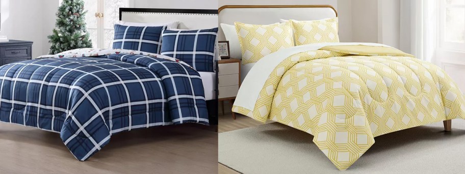 blue plaid and yellow geometric print comforters on beds