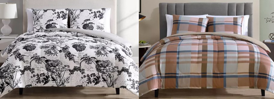 floral print and laid comforter sets on beds
