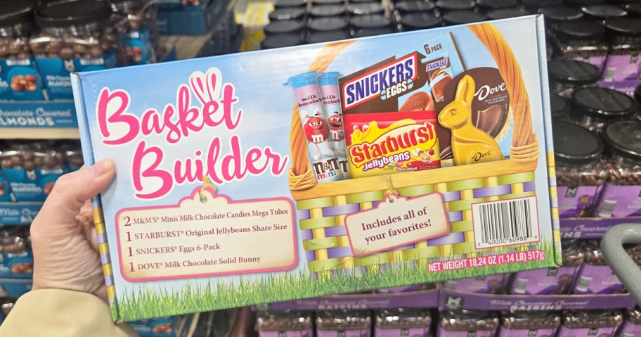 hand holding up a variety pack of easter candy