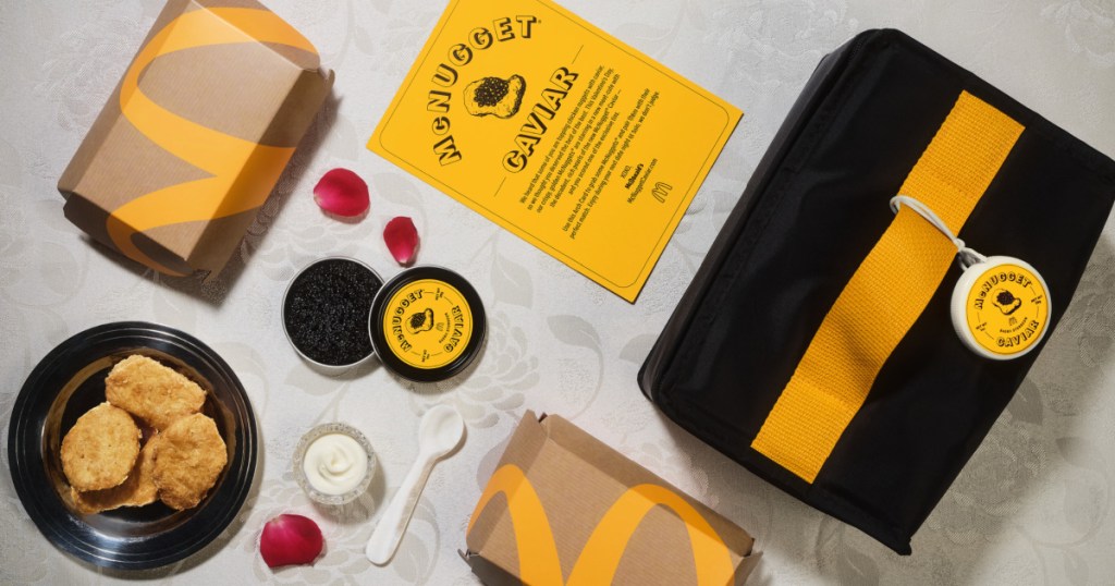 McDonald's caviar kit showing chicken nuggets, caviar and a bag