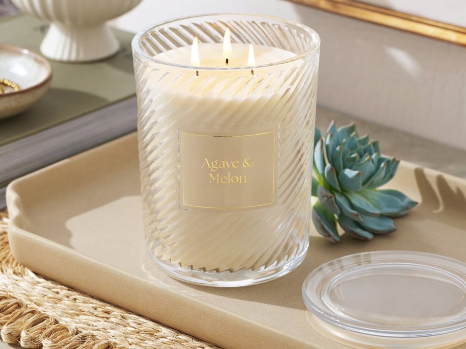 3-wick jar candle on a tray with a succulent