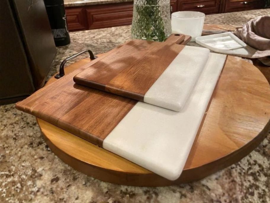 Member's Mark Marble & Acacia Wood Charcuterie Board 2-Pack on counter