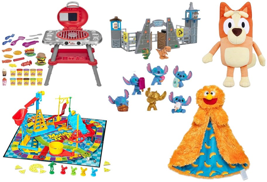 Mouse Trap Board Game, Play-Doh Sizzlin' Grill,Tile Town Jurassic World Magnetic Tile 84-Piece Set, Disney Stitch 6-Piece Figure Set, Bluey 16 Jumbo Plush, Ms. Rachel Official Herbie Huggable Lovey